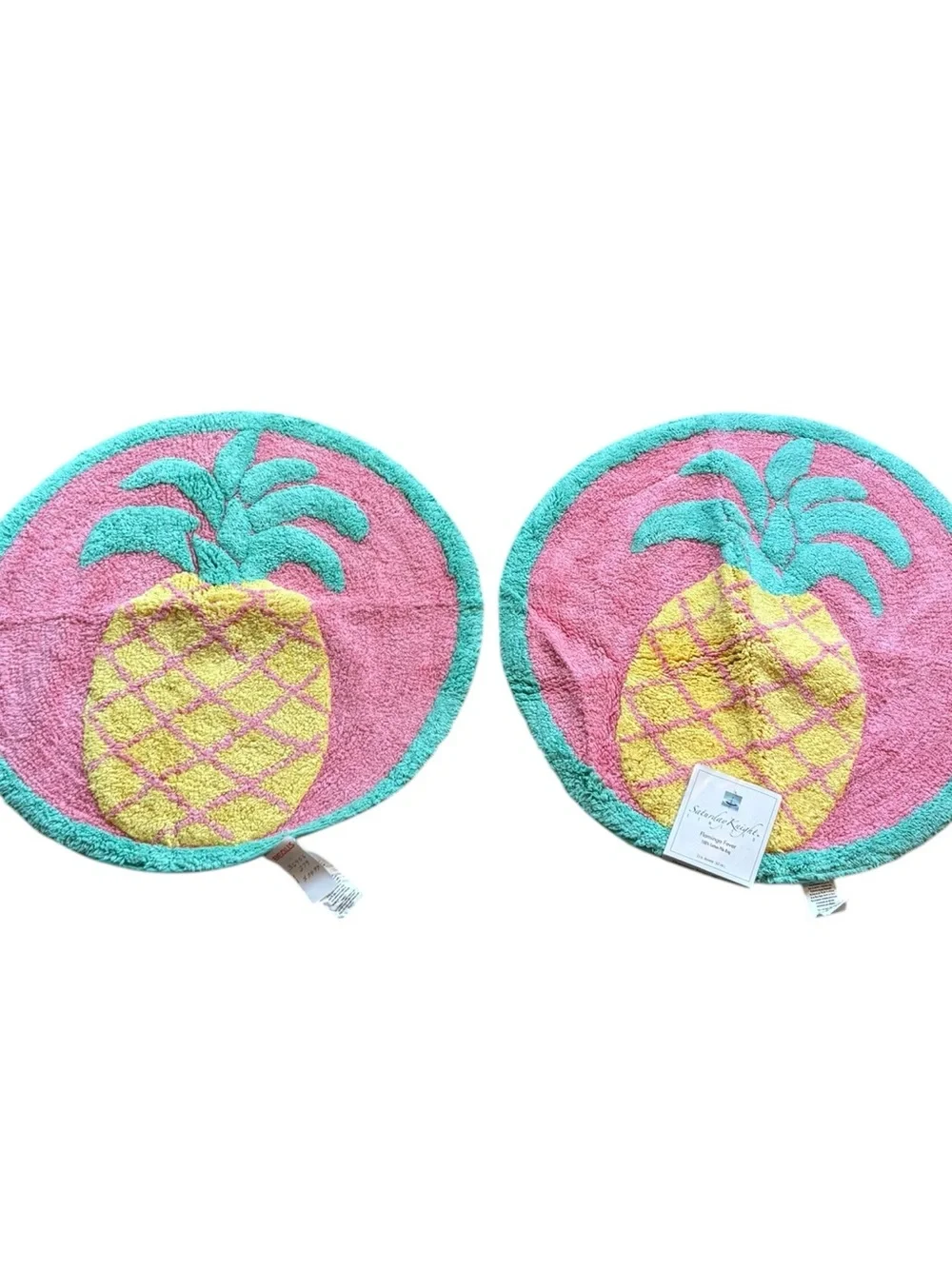NEW! Set of 2 Saturday Knight Flamingo Fever Pineapple Accent Rugs 25” Round NWT